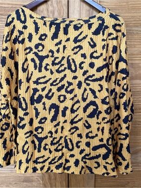 Oversized Mustard Yellow & Black Leopard Print Long Sleeve Top Womens Medium